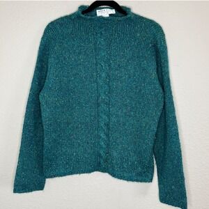 VTG 90s Womens Large Sweater Teal Cable Knit Roll Neck Old Money Prep‎ Scandi